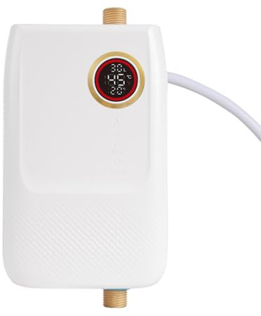 Electric Instantaneous Water Heater 5.5KW Elektrische Durchlauferhitzer Tankloser Mini-Warmwasserbereiter mit LED Temperaturanzeige, Instant Klein Durchlauferhitzer, 30~55℃ (Weiß)