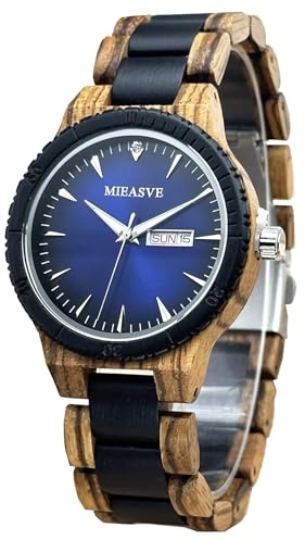 MIEASVE Men's Wood Watches Quartz Wooden Watch Japanese Movement Calendar Display Diameter 42 MM (Blue Dial)