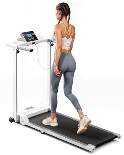 Warmiehomy Treadmill Walking Pad with Handle Bar Foldable Running Machine with LED Displays, Safety Key Lock 1-6km/h(1-10Gear) Adjustable Treadmills for Home Office, White