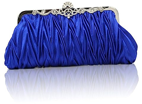 BESTYASH Royal Blue Satin Evening Clutch Bag with Wrinkle Design and Detachable Chain Strap for Wedding Party Prom and Cocktail Handbag
