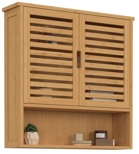 IDMarket BEA - Mueble de almacenamiento colgante para baño de bambú 2 puertas y estante