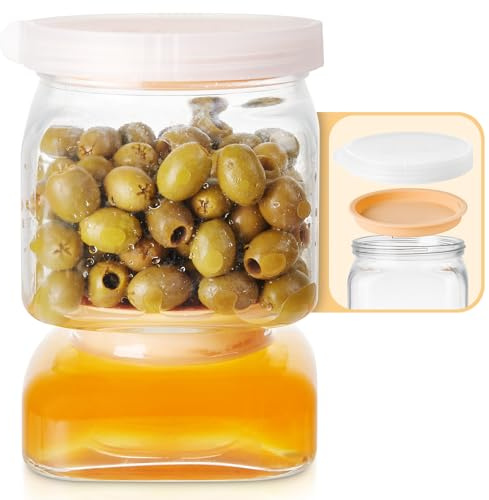Glass Pickle Jar with Strainer Flip, 46 FL OZ Pickle Container with Double Leak-proof Lid, Pickle Flip Jar for Olives, Pickles, Gherkins, Jalapeños, Garlic, Beets & More – Dishwasher Safe