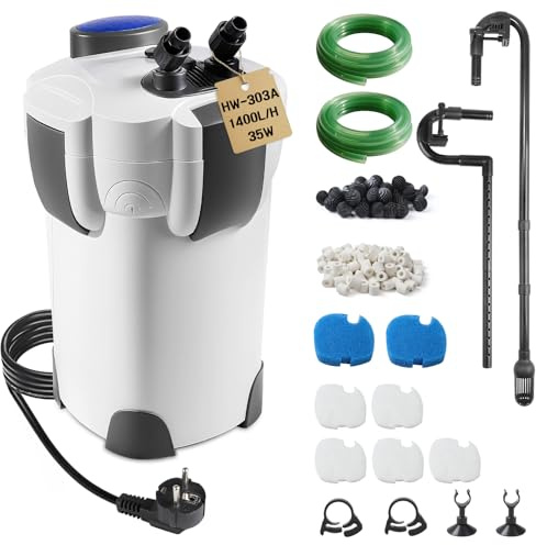 EXLECO Filtre Extérieur Aquarium 1400L/H 35W Pompe Externe D'aquarium Réglable avec Matériau Filtrant, Filtre Bassin Poisson Silencieux avec 3 Étapes de Filtration pour Réservoir Jusqu'à 300 L HW-303A