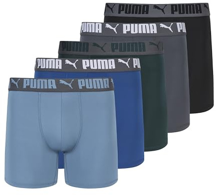 PUMA Men's 5 Pack Performance Boxer Briefs, Green/Blue, Medium