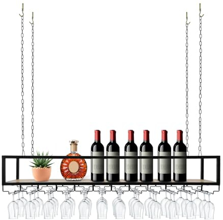 PINYELIN Scaffale da soffitto per vino, generico industriale, regolabile, altezza da appendere e portabicchieri, da soffitto, da appendere, portata 75 kg