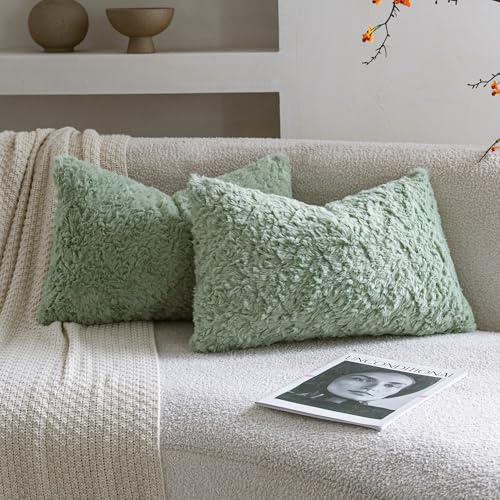Neelvin 2er Set Kissenbezug Kunstpelz Pelz Plüsch Dekorative Kissenbezüge Sofakissen Kuschelig weich Couchkissen Dekokissen für Couch Sofa Wohnzimmer Schlafzimmer Grün 30 x50 cm