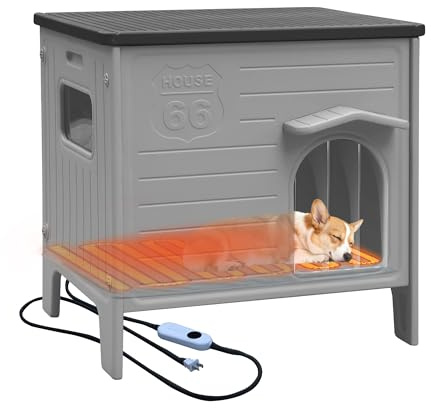 Heated Dog House for Outside Weatherpoof Plastic Dog Houses Outdoor Indoor Waterproof Feral/Pet Dog Shelter for Medium and Small Dogs (Grey)
