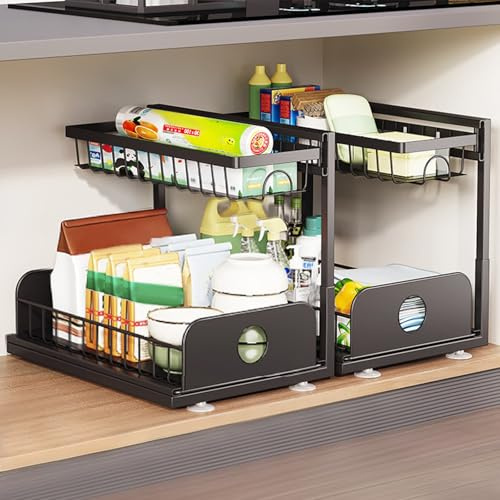 BUG HULL Metall Spülschrank Organizer, 2-stufiger Unterschrank Organizer, ausziehbarer Unter Waschbecken Regal mit Schiebefunktion