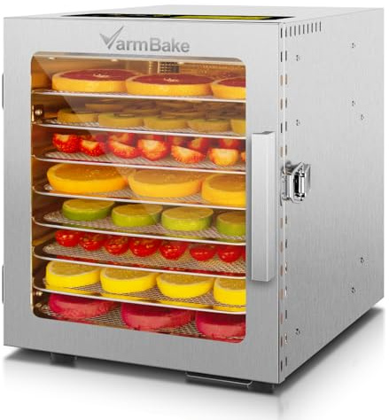 VarmBake Torkningsverktyg rostfritt stål 8 våningar, 30–90 ℃ torkanordning för mat, 0,5 ㎡ torkyta, 500 W torr tomat små, torra ytor för frukt, kött, grönsaker och 316 brickor (25 x 25 cm)