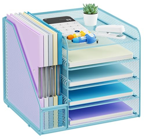 Marbrasse Schreibtisch Organizer und Büro Zubehör,5-Tier Briefablage Organizer mit Briefständer,Mesh Büro Organizer für Schreibtisch,Schreibtischzubehör & Ablage (Blau)