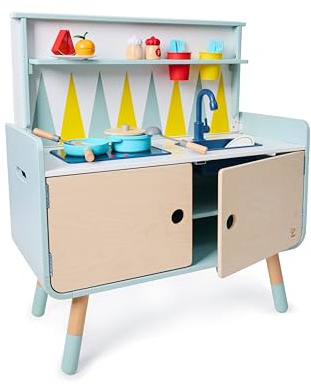 Hape Kinder-Schrankküche, Spielküche, 2-in-1 Kinderküche und Aufbewahrungsschrank, inklusive Zubehör für die Spielküche, Holz-Spielküche für kreative Rollenspiele, ab 3 Jahren