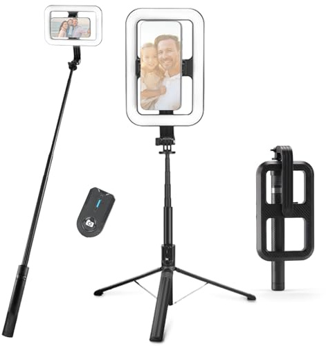 NEEWER Basics 10W Lampe Selfie avec Trépied, Ring Light Anneau Lumineux LED Carré 1200mAh, Perche à Selfie de 71'' avec Support pour Phone Compatible iPhone,CRI90,3 Modes Remote pour Vidéo,NL100B