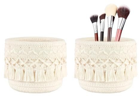 COZERI 2er Set Make-up Pinselhalter 10x10cm, geflochtener Korb | für Schminktisch,Boho Deko, rund, für Pinsel, Stifte & Haargummis, ideal als Schminktisch Organizer