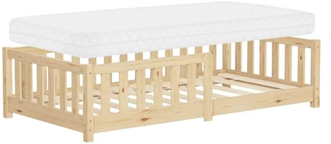 ML-Design Kinderbett 80x160 cm Natur mit Matratze, Bodenbett für Kinder mit Lattenrost und Rausfallschutz, Jugendbett aus massivem Kiefernholz, Bettgestell für Jungen und Mädchen, Holzbett Babybett