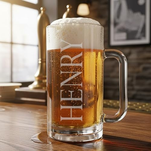 ukgiftstoreonline Personalised Beer Glass Mug, 540ml, Soda Lime Glass, Engraved with Custom Name, Fluted Design, 11.5cm Width