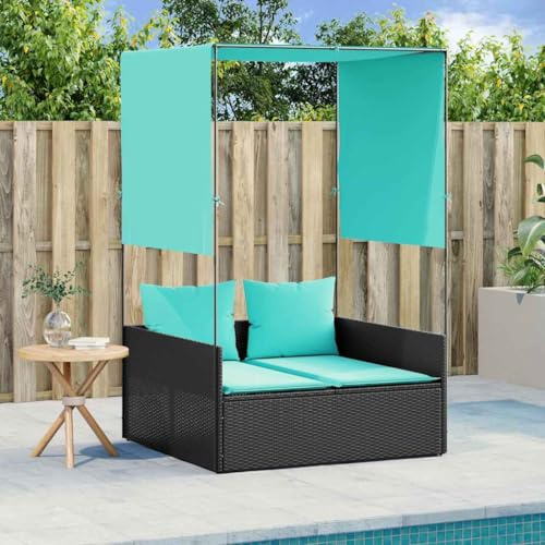 Owoxanthellate Doppel Sonnenliege Schwarz mit Dach und Vorhängen 118x110x187 cm Polyrattan Gartenliege klappbar wetterfest Relaxliege für Balkon Garten Terrasse