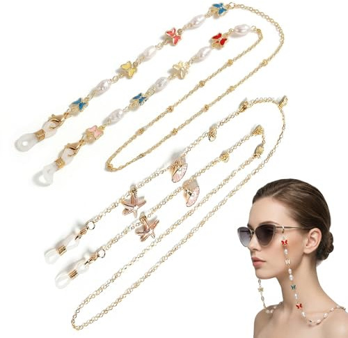 GWEOR 2 Catene per Occhiali Sole Donna - Catena per Occhiali Sole Donna con Perla Catena - Cinturino Occhiali con Pietre Preziose - Perla a Forma Farfalla e Stella Marina in Metallo con Vonchiglia