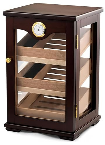 Cedar Lined Humidor with 3 Drawers, Glass Display, Lock and Hygrometer for Cigar Storage and Gifting