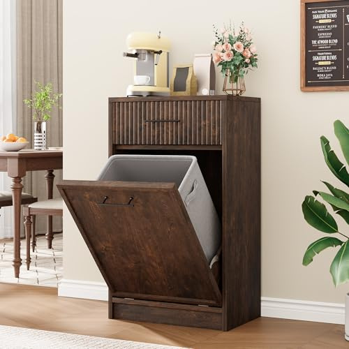 GarveeHome Meuble poubelle à abattant rainuré pour cuisine ou salle à manger – Bois massif, finition noyer – Compartiments pratiques, anti-animaux – Monocasier, cerisier foncé, Single cabinet