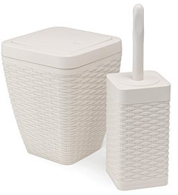 Addis Faux Rattan Square Bathroom Set Includes Swing Bin & Toilet Set Brush, Calico Linen - Faux Leather Plastic