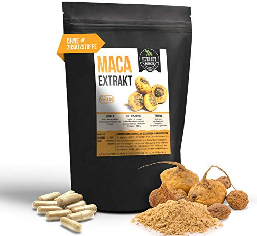 Maca Extrakt | 120 Kapseln 400mg | Wurzelextrakt naturrein - ohne Zusatzstoffe | hochdosiert, vegan & in Deutschland hergestellt (Kapseln 120)