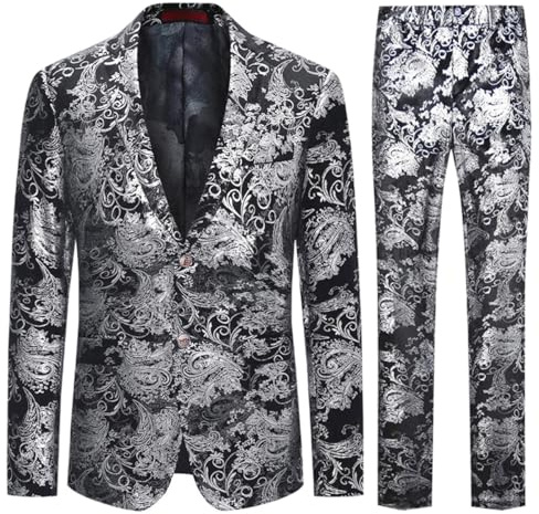 Allthemen Traje de Esmoquin Jacquard para Hombre, Conjunto de 2 Piezas con Solapa con Muesca para Fiesta de Boda Plateado 3XL