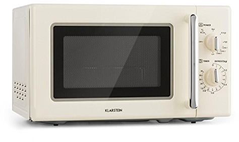 Klarstein Caroline Microondas - Microondas combi 2 en 1 con función grill, 20 litros, 700/1000 W de potencia, Ø 25,5cm, Diseño retro, Acero inoxidable, Beige