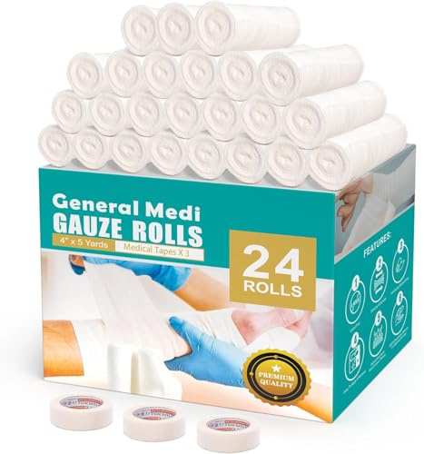 General Medi Conforming Bandage, 24 Pack Gauze Bandage Rolls with Bonus 3 x Medical Tape (4” x 5 Yards Stretched)
