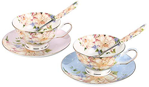 JinGlory Ensemble de tasses à thé et soucoupes en porcelaine anglaise Motif floral Bleu/rose 200 ml