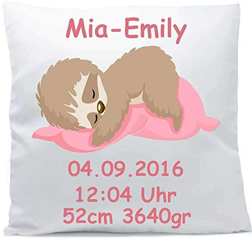 SL-Store GbR Kissen mit Namen Faultier Baby Mädchen 40x40 cm inkl. Füllung Kuschelkissen, Kissen Farbe:Vorderseite weiß glänzend/RS weiß glänzend