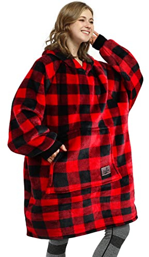 Oversized Hoodie Blanket, Warm Gifts for Women, Cosy Sherpa Sweatshirt, Soft Wearable Fleece Blanket, Giant Hoody Sweater with Front Pocket Adults Men Friends Red Plaid