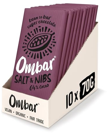 Vegan Chocolate - Ombar Salt & Nibs 64% Chocolate (70g x 10 Bars) Organic Fair Trade, Dairy and Gluten Free Chocolate