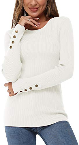Newshows Women's Fall Winter Fashion Sweater Long Sleeve Crew Neck Button Stretch Casual Fitted Formal Tops Clothes Trendy Old Money Work Business Teacher Outfits Lightweight Clothing 2025 (White,L)