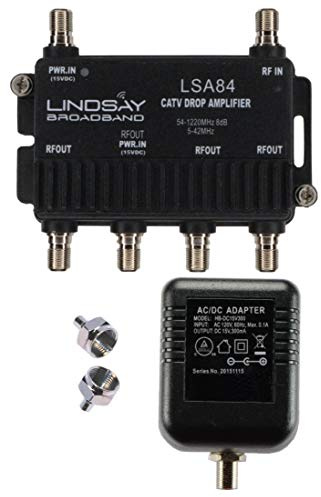 4-Port Cable TV/Antenna/HDTV/Internet Digital Signal Amplifier/Booster/Splitter with Passive Return, F59 Terminators (Lindsay LSA84)