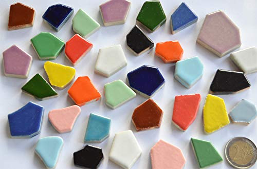 200 Gramm (ca. 35 Stück) Bruchmosaik aus Keramik frostsicher glänzend Buntmix 1-4cm Bruchfliesen Stärke ca. 6mm Mosaikbruch