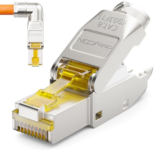 deleyCON CAT 8 Netzwerkstecker 90° Winkel RJ45 40 Gbit/s, 1 Stück | Werkzeuglos, geschirmt, für starre Verlegekabel, Rohkabel, Steckverbinder RJ45 Ethernet LAN DSL Patchkabel