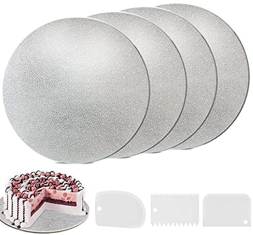YIYICO Cake Board Tortenunterlage Cakeboard Rund Ø 30cm/12inch 4er Wiederverwendbar Torten Unterplatten für Transport Kuchen und Torten, mit 3 Stück Kuchenschaber (Silber)