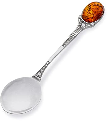 AMBEDORA, Petite Cuillère Pour Garçon ou Fille, Argent Sterling Oxydé, Cuillère en Argent Patras avec Ambre, Cadeau de Baptême et D'anniversaire