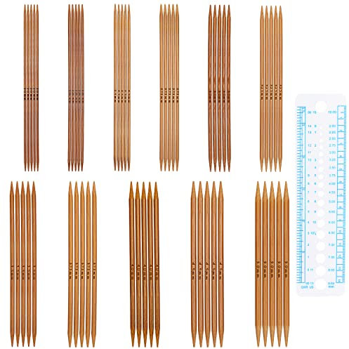 Coopay Bambus Stricknadeln Set, 13 cm Doppelspitzen Mit Nadellehre, 55 Stück Gerade Nadelspiel 2,0-5,0 mm, Kurze Nadeln für Socken Stricken, Verkohlung