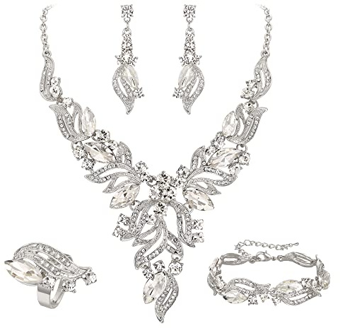 EVER FAITH Braut Schmuckset Hochzeit Kristall Marquise Blatt Cluster Statement Y-förmiger Anhänger Halskette Ohrringe Armband und Ring Set für Abschlussball