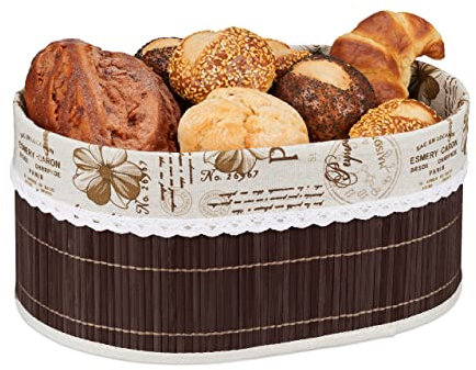 Relaxdays Brotkorb, Paris Design, Bambus, abnehmbare Stoffeinlage, HxBxT: 16 x 34 x 24 cm, ovaler Frühstückskorb, braun
