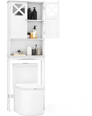 COSTWAY Meuble WC au-Dessus des Toilettes, Étagère de Rangement de Salle de Bain Hauteur Réglable, Design Anti-Basculement, Placard à 2 Portes avec Verre Trempé, Blanc