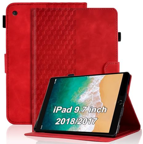 Vkooer Hülle für iPad 9.7 Zoll 2018/2017 (iPad 6./5. Generation) Schutzhülle PU Leder Folio Cover Case Würfel mit Stifthalter Kartentasche，auch für iPad Air 2/Air 1 Tablette, Rot
