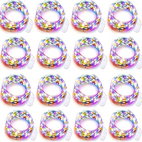 Grezea 16 Pack Multicolor Fairy Lights Battery Operated, 10ft 30 Led Mason Jar Light, Waterproof Firefly Silver Wire Tiny String for Crafts Bottle Vase Garland Party Christmas Decor