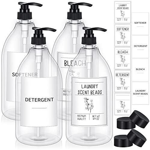 4 recipientes de detergente para Ropa de 64 onzas, dispensador de Botellas con Bomba de líquido suavizante con Tapas y 36 Etiquetas para lavandería, Tela, plástico Pet, dispensador de jabón (Negro)
