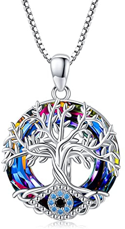 Midir&Etain Tree of Life Sterling Silver Evil Eye Pendant Necklace - Turkish Blue Eye Protection Luck Charm for Women