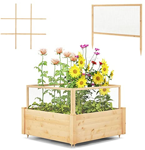 RELAX4LIFE Fioriera da Esterno, Orto Rialzato da Esterno con Recinto Grigliato e Anti-Animali, Fioriera Legno Senza Base per Balcone, Giardino e Terrazza,107x107x70cm (Modello 3)
