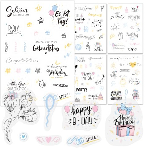 9 Blätter Sticker Geburtstag Erwachsene Kinder, 130+ Transparent Aufkleber | Happy birthday deko, Aufkleber Geburtstag für Fotoalbum Gästebuch Scrapbook Zubehör Geschenke, 12 x 17 cm