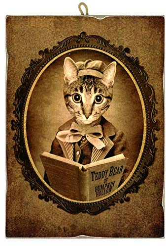 KUSTOM ART Quadro Quadretto Stile Vintage Serie Animali Aristocratici (Immagine di Gatto con Libro) da Collezione Stampa su Legno 40x30 cm