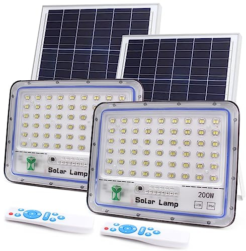 081 Store - 2 PEZZI Faro Led Esterno con Pannello Solare, Faro a Led da Giardino 200w con Sensore Crepuscolare e Telecomando, Faretto Solare Impermeabile IP66